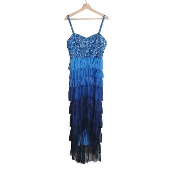 Parker Black - Blue Black Tiered Ruffle Sequin Hi-Lo Gown Dress - Picture 1 of 6